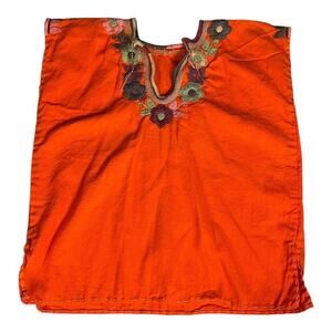 Mexican Orange Embroidered Multi-Colored Flowers Short Sleeve Childs Top